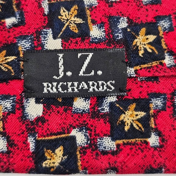Nordstrom Silk Tie By J Z Richards Red Navy Gold Leaf Pattern Hand Crafted - Picture 4 of 7